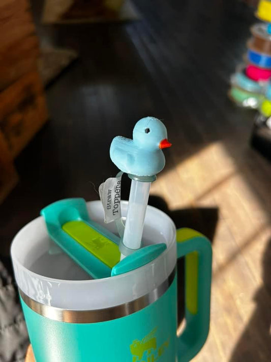 Light blue rubber duck straw topper