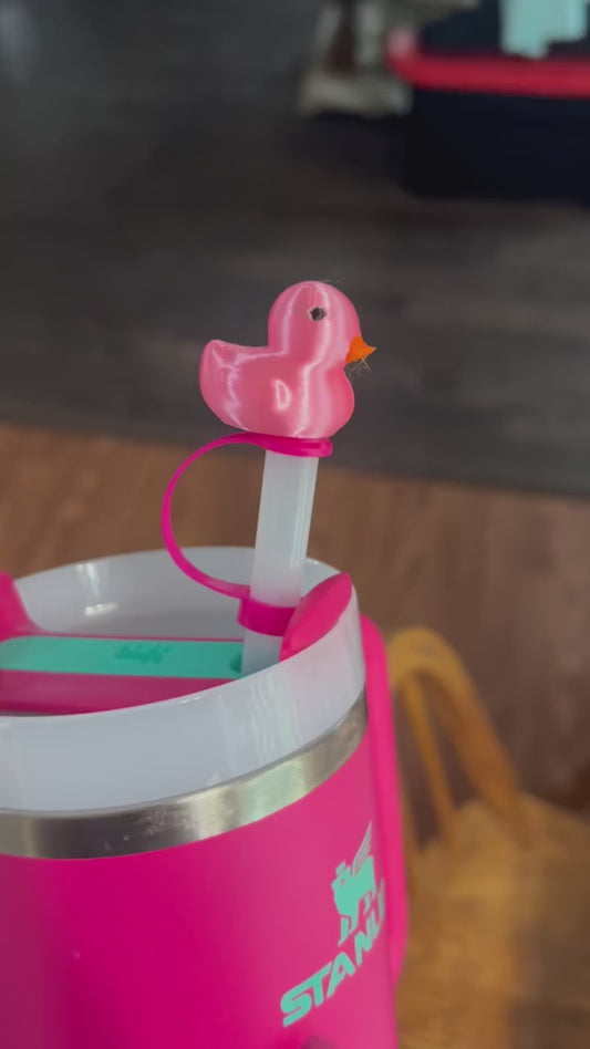 Silky pink rubber duck straw topper