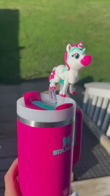 Hot pink and teal unicorn straw topper