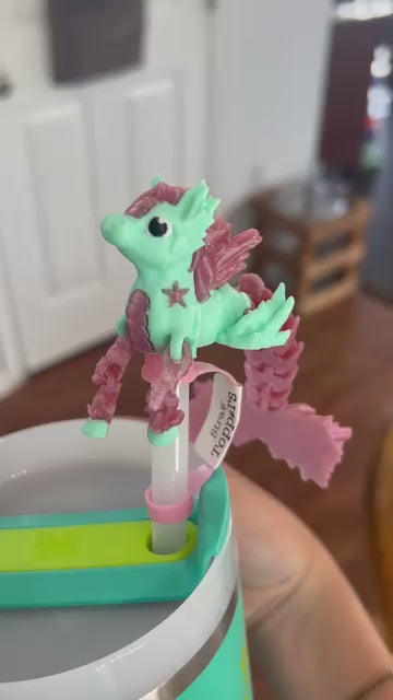 Teal and pink glitter hippocampus straw topper